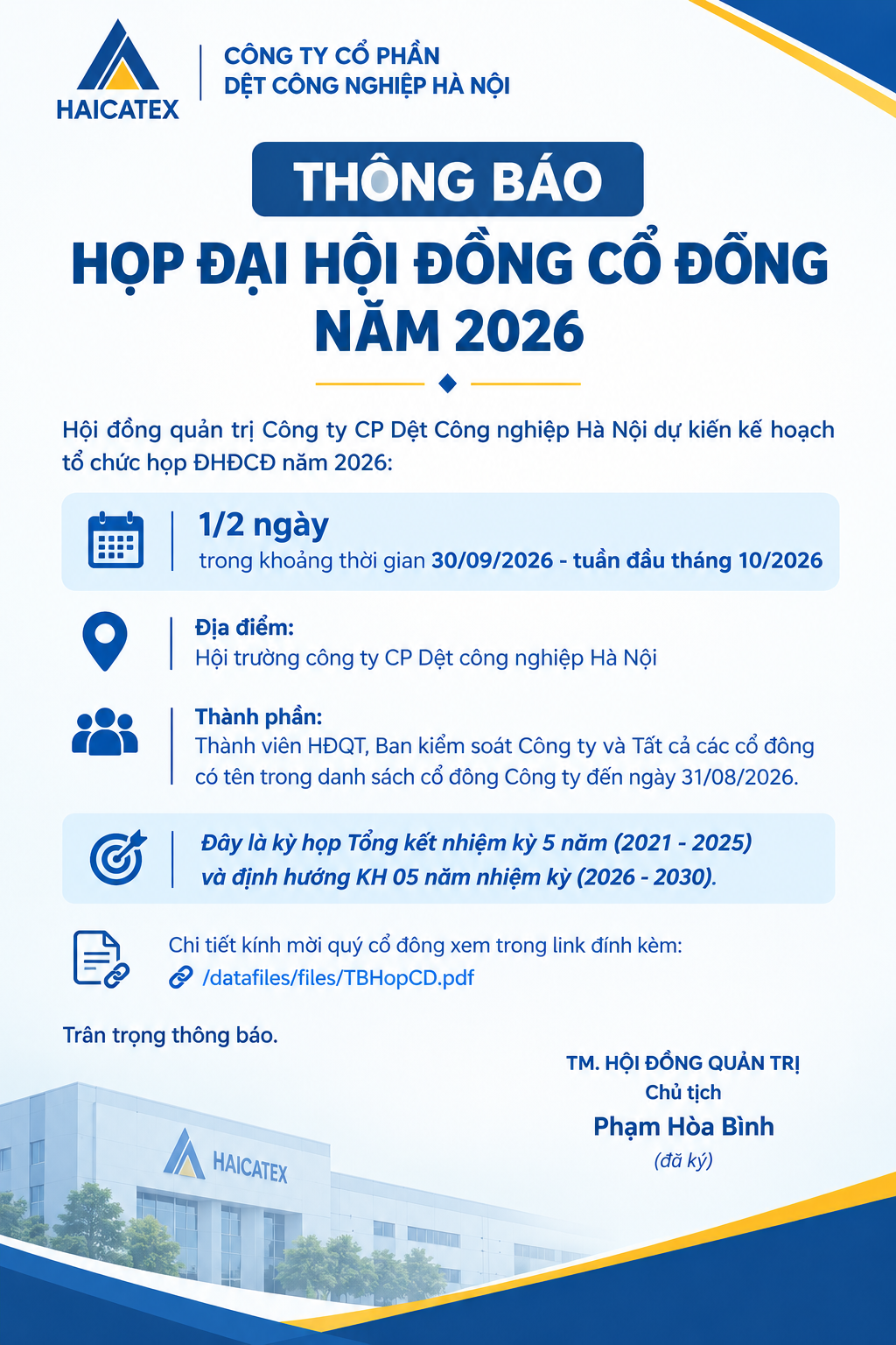 Thông báo mời họp ĐHĐ cổ đông thường niên năm 2026