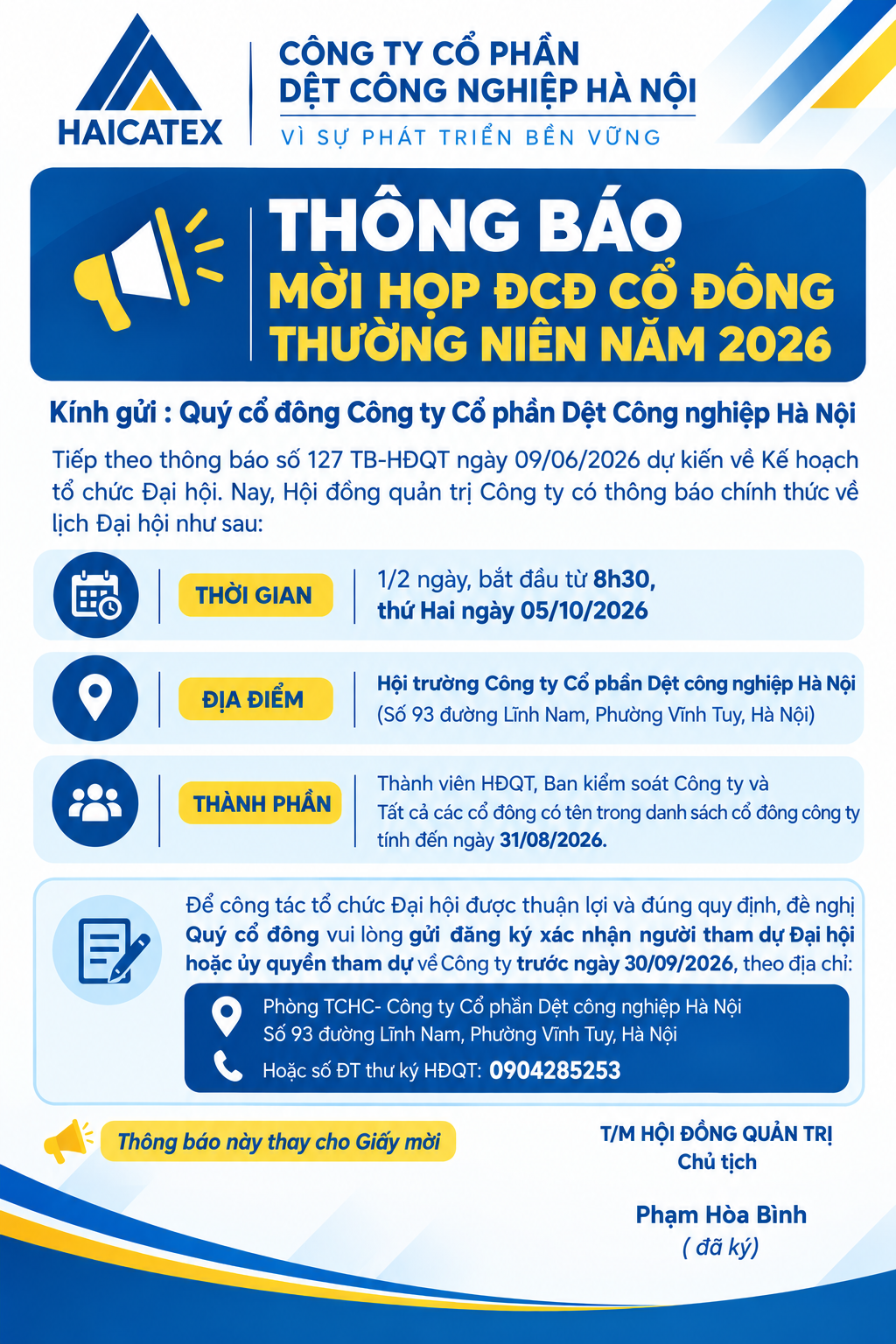 Thông báo mời họp ĐHĐ Cổ đông thường niên năm 2026